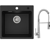 Cecipa max fregadero de cuarzo negro 45x45 cm fregadero de 1 seno de cuarzo y resina + mezclador de cocina con resorte y 3 salidas de agua, cepillado