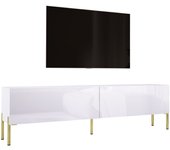 Mueble tv : blanco mate / blanco brillo, patas doradas, 170 x 52 x 32 cm
