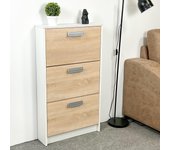 Meyvaser - zapatero 3 puertas, zapatero estrecho, acabado en color blanco y roble, medidas: 108 cm (alto) x 60 cm (ancho) x 17 cm (fondo)