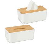 Set 2 cajas para pañuelos, tapa de bambú, para el baño, modernas, plástico, 10 x 23 x 13 cm, blanco y marrón natural