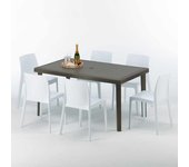 Mesa rectangular marrón 150x90 cm y 6 sillas de colores focus
