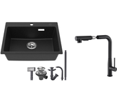1 bandeja fregadero cocina granito,55*45*20cm,kit vaciado,negro+robinet cocina conducha extraíble rotativa 360°,con agua caliente/fría,negro