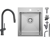 Cecipa max fregadero de cocina 1 seno 40×45cm fregadero de inox cepillado 1 seno + mezclador de cocina con ducha extraíble con 2 tipos de ducha negro