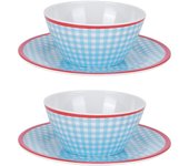 Juego de 4 cuencos para ensalada, plato para aperitivos de porcelana de imitación con diseño de cuadrícula de color azul claro