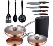 Set 5pc sartenes (con tapa) aluminio prensado inducción con set 3pcs utensilios de cocina con set 4pc cuchillos acero inoxidable con tacoma / bloque