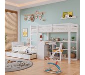 Literas 2 x 90 x 200 cm con escritorio, 3 cajones y estante abierto - pino + mdf - blanco (sin colchón)