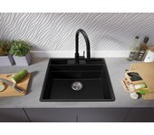 Primagran fregadero cocina negro 58x53cm, fregadero granito 1 seno + sifón + accesorios, fregadero sobre encimera al mueble 60cm - new york