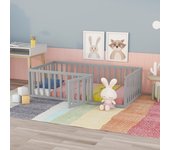 Cama infantil de 90 x 200, estructura de cama con suelo de madera, valla y puerta, gris