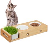 Relaxdays comedero gatos con cuenco de hierba, 2 platos de cerámica de 250 ml, apto para lavavajillas, natural/blanco