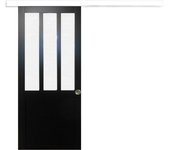 Puerta corredera de taller negra de cristal esmerilado h204 x l73 + riel de aluminio con listón blanco y 2 carcasas