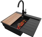 Primagran fregadero granito negro metallic 62x50cm, fregadero cocina 1 seno + sifón + accesorios, fregadero sobre encimera al mueble 45cm - sydney