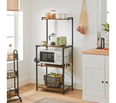 Aparador de cocina estilo industrial, organizador multifuncional con estante de 3 niveles y 6 ganchos para microondas y más