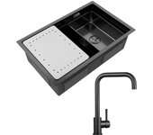 Fregadero de cocina de 1 seno de 70 × 44cm, de acero inoxidable negro, con escurridor y lavabo + grifo mezclador de cocina de acero inoxidable negro