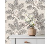 Papel pintado de hojas de palmera con flores estilo tropical color gris y beige - malibu palms 682362 de gaulan - rollo de 10 m x 0,53 m