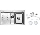 Fregadero de 1 lavabo fregadero de inox plateado de 70×45cm con escurridor, lavabo, dispensador de jabón + mezclador de cocina de pared con 2 chorros