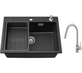 Cecipa max fregadero de cuarzo 60*45cm, con escurridor y dispensador de jabón + grifo monomando con ducha extraíble - 2 modos de salida de agua