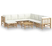 Set de muebles de jardín 9 piezas bambú y cojines blanco crema