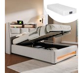 Cama capitoné individual con usb 90x200cm, somier de láminas con estructura de metal, somier de tela de lino para (con colchón)