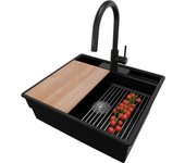 Primagran fregadero granito negro 58x53cm, fregadero cocina 1 seno + sifón + accesorios, fregadero sobre encimera al mueble 60cm - new york