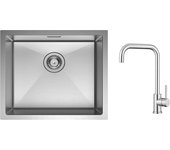 Fregadero de cocina fregadero de acero inoxidable cepillado de 1 seno 50 * 44 cm + mezclador de cocina de acero inoxidable cepillado