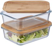 Relaxdays fiambreras cristal, set de 2, 800 ml cada uno, recipientes tapa de bambú, herméticos, transparente/natural