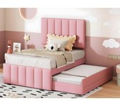 Cama tapizada de lino 90x200 cm - con cama nido con ruedas y 3 cajones - rosa