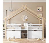Cama infantil de 90x200 cm con 2 cajones y techo - madera maciza + mdf - somier incluido - blanco + natural (sin colchón)