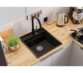 Primagran fregadero cocina negro 48x53cm, fregadero granito 1 seno + sifón + accesorios, fregadero sobre encimera al mueble 50cm - oslo pocket