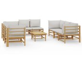Muebles de jardín de 9 piezas con cojines de bambú gris claro.