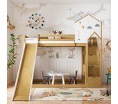 Litera 2 x 90 x 200 cm con 4 cajones, corredera y estantes de almacenamiento - pino + mdf - blanco+natural (sin colchón)