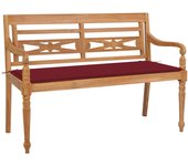 Banco de jardín muebles de terraza exterior con cojín burdeos 120 cm madera maciza de teca 02_0011062