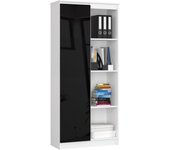 Librería: 1 puerta, 8 estantes, blanco | negro brillante, 180 x 80 x 35cm