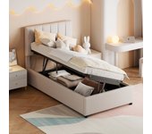 Cama contenedor 90 x 200 cm, tela de lino, estilo moderno, somier incluido, color beige