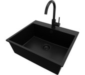 Primagran fregadero granito todo negro 58x50cm, fregadero cocina 1 seno + grifo 32x20cm + sifón, fregadero sobre encimera al mueble 60cm - riga