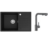 Fregadero de 1 seno de cuarzo y resina - fregadero negro con escurridor 78x45 cm + mezclador de cocina con ducha extraíble