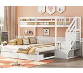 Litera de madera - 90x200cm + 90/180x200cm - 2 cajones y estantes - 2 somieres - blanco