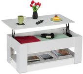 Relaxdays mesa de centro elevable, mesita sofá con almacenaje y balda, mesilla salón, 42x98x50 cm, blanco