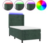 Cama con somier, colchón y luz led, terciopelo verde oscuro 90x200 cm