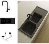 Pack fregadero 2 cubetas con escurridor válvula oro poalgi city basalt + grifo con ducha + válvula negro