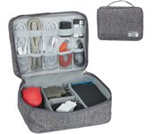 Relaxdays bolsa para cables, organizador cargadores, memorias usb, accesorios pc, tela, almacenamiento, 11x25x20cm, gris
