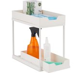 Relaxdays organizador bajo fregadero, 2 estantes, extensible, 37x22x40 cm, productos de limpieza cocina y baño, blanco