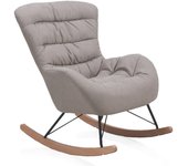 Butaca tapizada en beige, patas metal y patín madera de haya