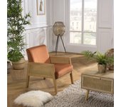 Albane - sillón de terciopelo naranja con patas de madera y reposabrazos de ratán