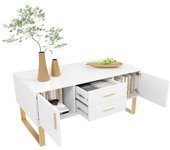 Mesa de café con acabado brillante, blanco y dorado, dimensiones 100 x 50 x 45 cm