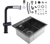 Fregadero de cocina cecipa max 2 en 1 de inox 1 seno negro gris 50 x 45 x 18,5 cm + grifo de cocina extraíble con 2 modos de salida de agua