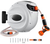 Succebuy enrollador manguera retráctil, 82 pies x 1/2, soporte giratorio 180°, montaje en pared, boquilla 9 modos, 3 adaptadores rápidos, automático