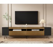 Mueble de tv de 180 cm - una puerta abatible y 4 compartimentos abiertos por ambos lados - negro y natural