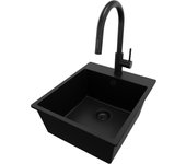 Primagran fregadero granito todo negro 43x50cm, fregadero cocina 1 seno + grifo 40x22cm + sifón, fregadero sobre encimera al mueble 45cm - riga