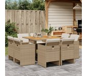 Conjunto de comedor de jardín y cojines 9 piezas poliratán beige