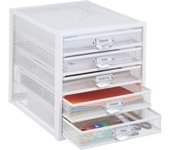 Relaxdays caja organizadora, 5 cajones, organizador de escritorio, con rótulos, rejilla, 29x27,5x35,5 cm, acero, blanco